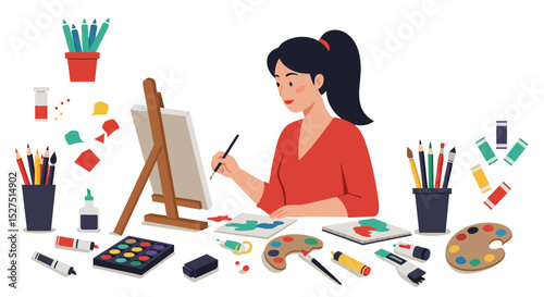 Vector illustration showing a woman enjoying her painting hobby at home in art room setup.