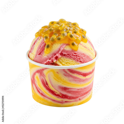 Colorful ice cream cup with passion fruit topping, set against a plain background