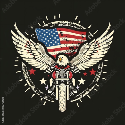 Bold American eagle motorcycle emblem with American flag shield and wings for patriotic patriotic motorbike biker biker gear Harley Davidson style