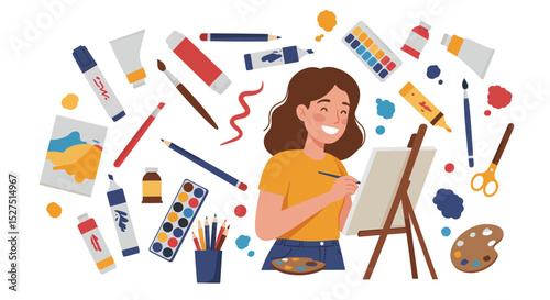 A young female painter creating artwork in a flat vector illustration. Indoor, relaxing creative mood.