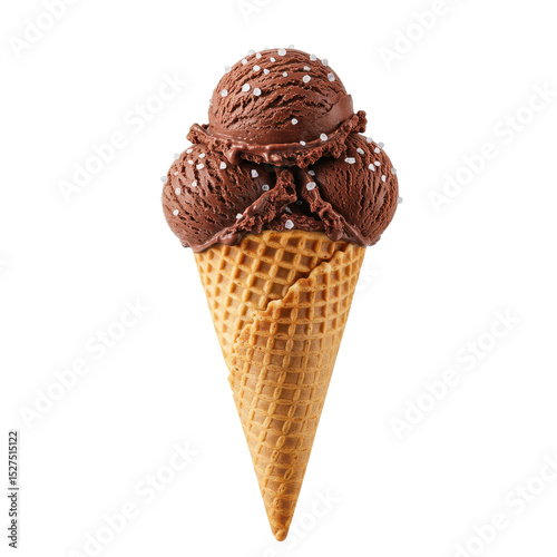 Three scoops of rich chocolate ice cream in a waffle cone with sprinkles