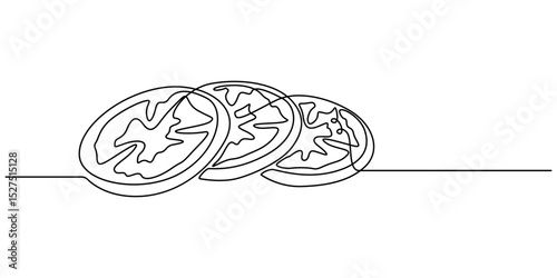 tomato slice continuous one line drawing, Continuous one line drawing of fresh tomato. A whole and slice tomatoes in single line draw illustration. Editable stroke. tomato halves isolated on white.