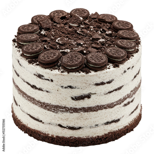 Delicious chocolate cream cake with Oreo cookies, showcased on a white background