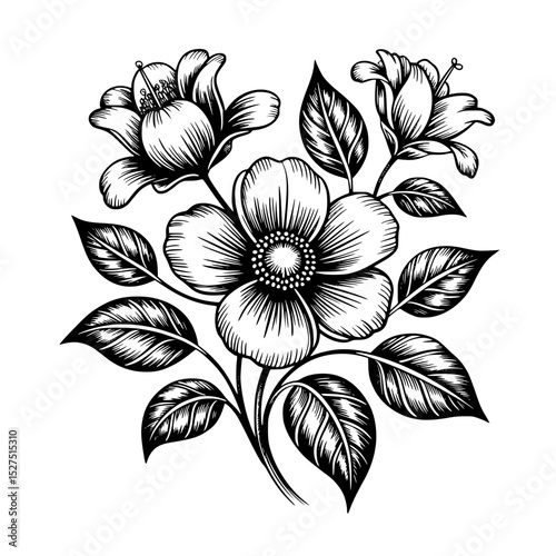 Elegant black floral illustration with intricate petals and leaves