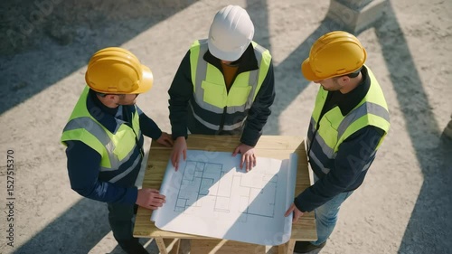 Engineers in vests and hard hats discuss construction plans at a site, pointing to drawings. Collaboration, planning, teamwork, and architecture. Video for construction and engineering themes