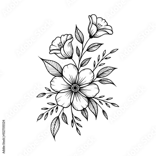 Elegant black floral illustration with intricate petals and leaves