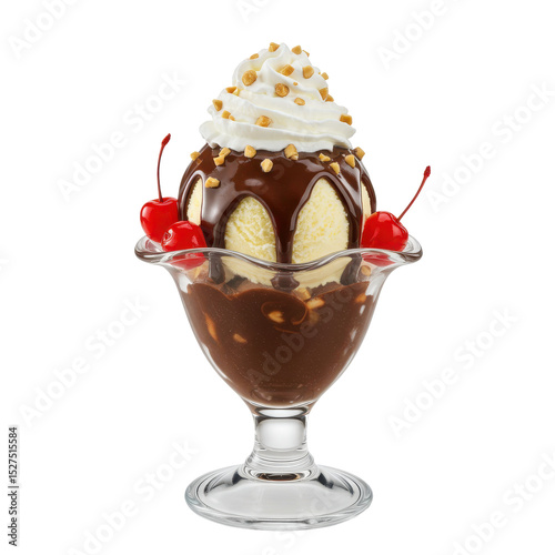 Delicious chocolate sundae topped with whipped cream, cherries, and sprinkles