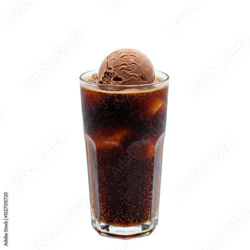 Refreshing glass of fizzy cola topped with a scoop of chocolate ice cream, isolated