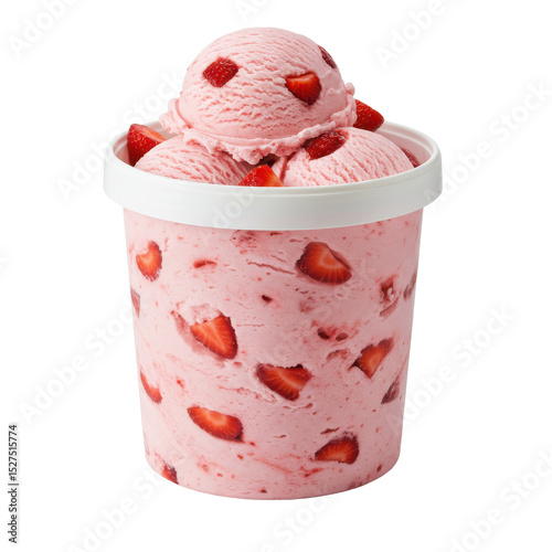 Delicious strawberry ice cream in a white container, showcasing fresh strawberries