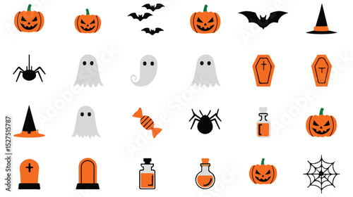 Collection of cartoon halloween icons depicting pumpkins bats ghosts and other holiday elements