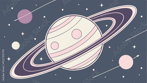 A pastel colored planet with rings surrounded by stars and comets in a dark blue background
