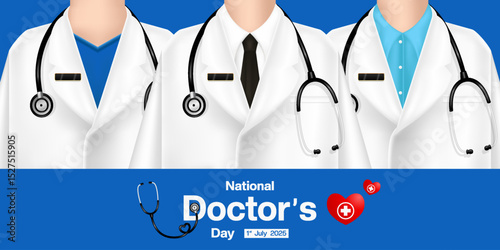 1 july is National Doctors Day. Doctors and more. Great for posters, banners and social media. Blue background.