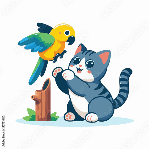 A cheerful gray tabby cat with large eyes and pink paws, playfully reaching towards a colorful parrot