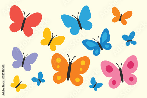 Multiple butterflies in various colors, including red, blue, orange, pink, yellow, and purple