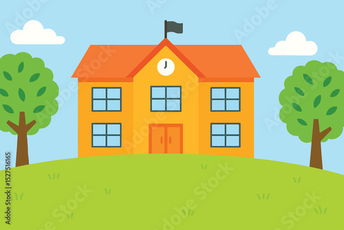 Flat illustration of a school building with an orange roof, yellow walls, and a clock above the double-door entrance