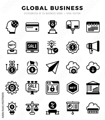 Set of Global Business Icons. Simple Lineal Filled art style icons pack.