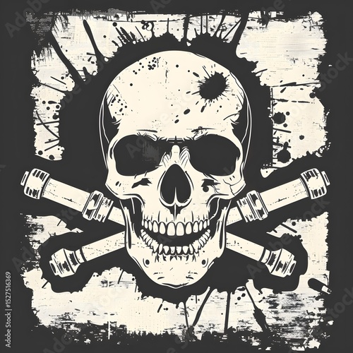 Grunge style skull with crossed bones artwork featu paint splatters and distressed textures in black and white for edgy rebellious themes
