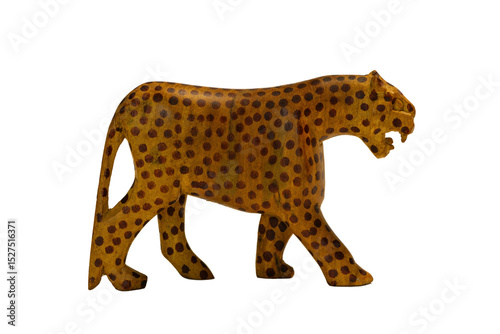 A traditional African hand-carved wooden leopard souvenir isolated against a white background