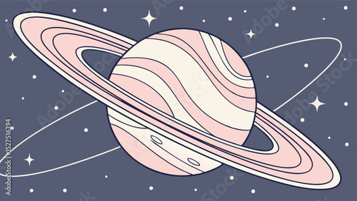 Illustration of a pink and cream colored planet with rings surrounded by stars in a dark blue space