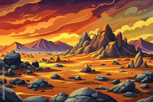 Vector illustration of a barren volcanic ash plain with scattered rocks ideal for geological scenes, apocalyptic environments, and dramatic nature backdrops