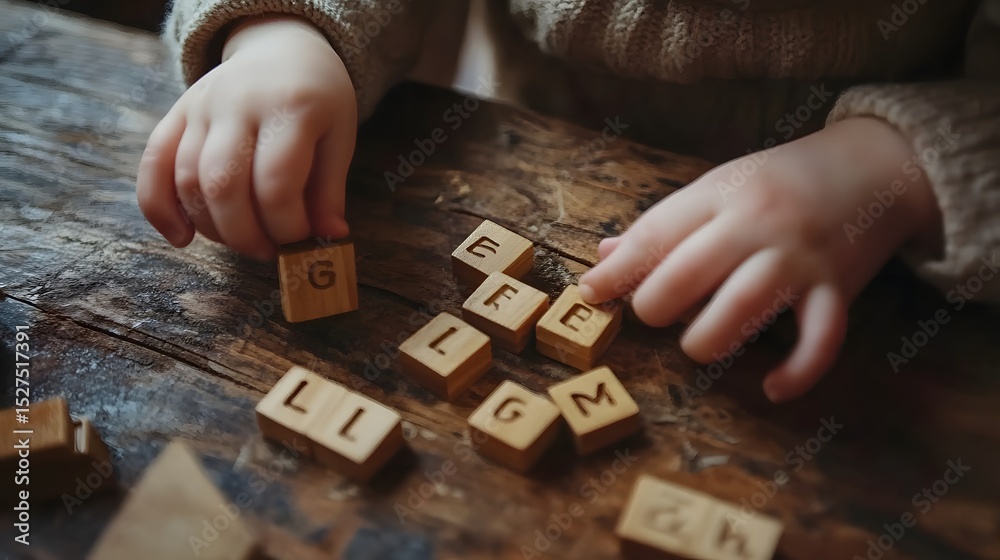 Obraz premium child's hands placing alphabet blocks to spell a word, educational activity on wooden table 