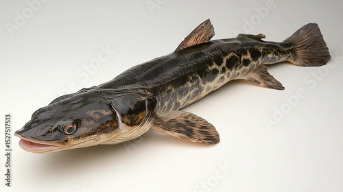 A mysterious burbot fish resting on a white surface its mottled skin hinting at hidden depths and stories of the wild