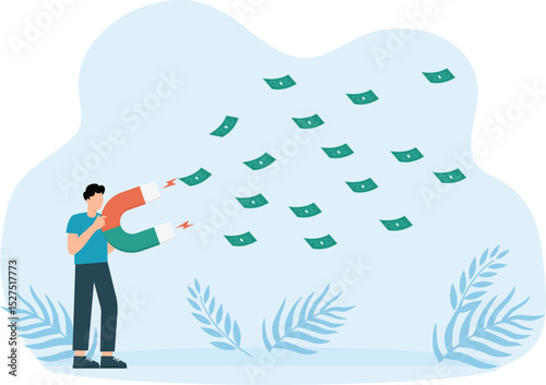 Money magnet and power to attract business opportunity and earn more profit or increase wealth and salary raise or earn more income concept, businessman hold high power magnet to draw money banknotes.