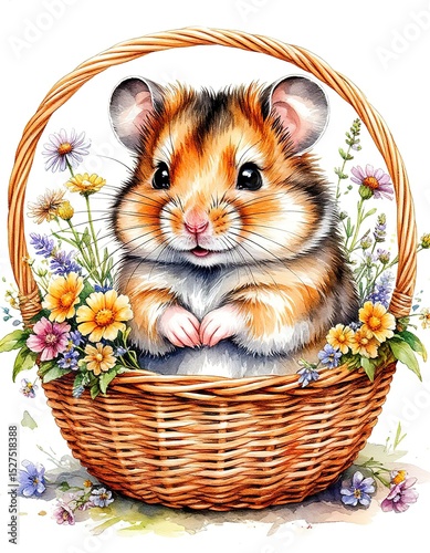 cute hamster in basket with flowers. watercolor illustration card.