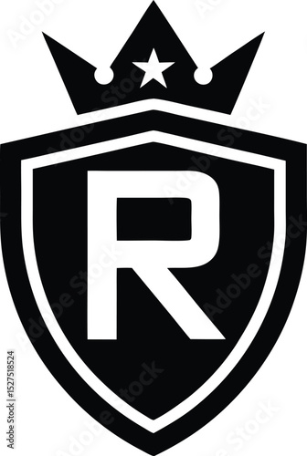 Black and white crest logo with initial r and crown illustrating royalty and prestige
