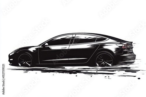 Sleek black electric car racing on a dynamic track surface during bright daylight in an urban setting with a modern design aesthetic