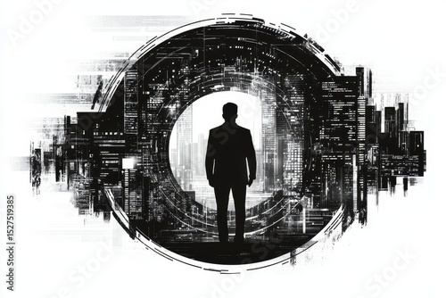 Modern silhouette of a businessman standing at the edge of a futuristic city during twilight, surrounded by digital patterns and urban architecture