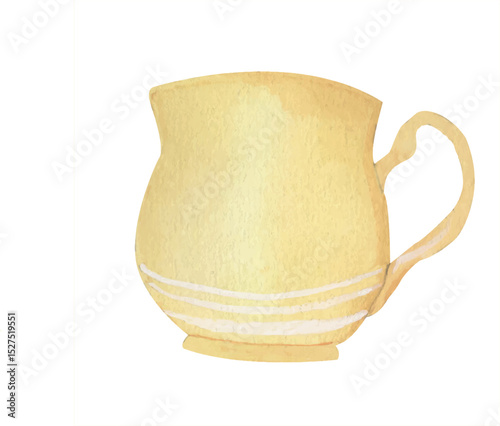 Empty porcelain yellow cup for tea or coffee. Hand drawn watercolor illustration of vintage teacup isolated from the background. Drawing of ceramic Mug for beverage. For kitchen prints, scrapbooking