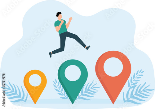 Business relocation and move office to new address or transfer to new location concept, businessman jumping from map navigation pin to new one location of relocation.
