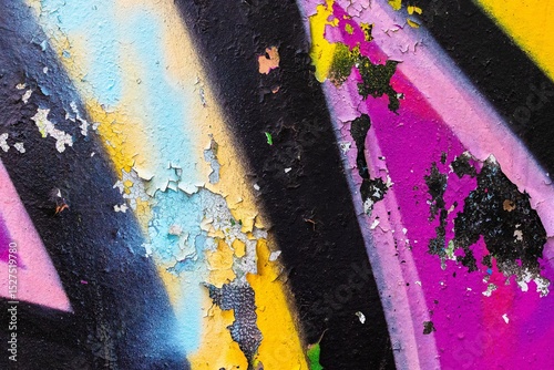 Fototapeta Naklejka Na Ścianę i Meble -  Vibrant graffiti texture with peeling paint in neon pink, blue, yellow. Retro 90s, Y2K vibe, distressed, urban look. Background, textures, digital art, modern 90s, 2000s, Y2K creative banner.