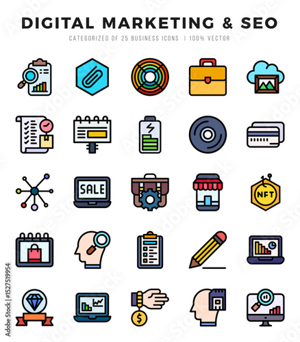 Digital Marketing & SEO. Lineal Color icons Pack. vector illustration.