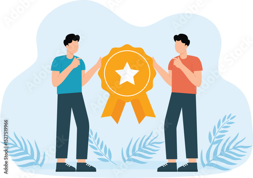 Professional or expert who success and win award, best office employee or specialist with skills to achieve goal concept, Successful businessman professional stand with star award.
