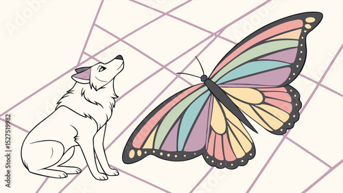 A wolf looking up at a colorful butterfly with rainbow wings on a light grid background image art