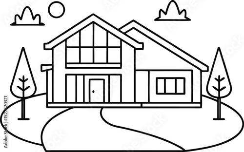 Modern house illustration featuring trees clouds and sun in a simple linear style