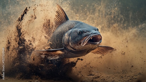 Powerful fish erupting from murky water