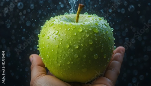 Water Droplets on a Dark Background with a Green Apple in Hand