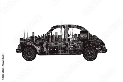 City skyline creatively merged within the silhouette of a vintage car showcasing urban culture and art