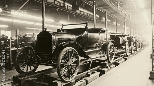 Vintage automobile assembly line in a factory showcasing early 20th-century car production techniques during the industrial era
