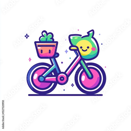 Cute stylized bicycle with a plant basket and a cartoon fruit seat