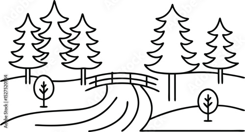 Black and white illustration of a scenic landscape with trees bridge and winding path