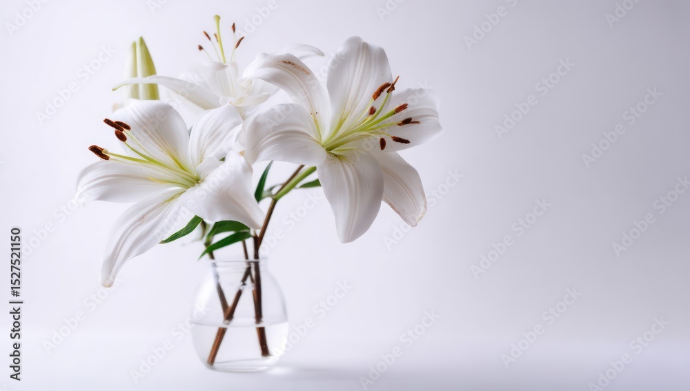 Fototapeta premium Soft white lilies arranged elegantly in a small vase, isolated on a white backdrop.