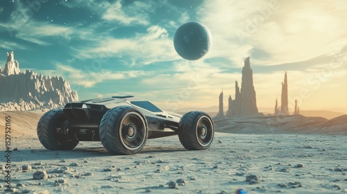 Exploration of an alien landscape with a futuristic vehicle under a distant planet and towering rock formations at sunset