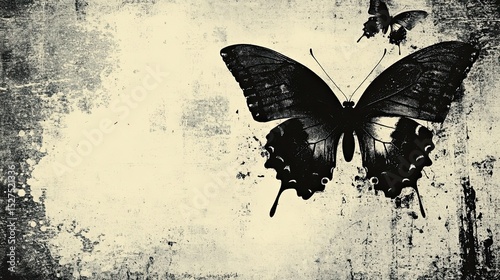 Grunge gothic surreal poster with vintage stipple effects, butterflies, and monochrome design.