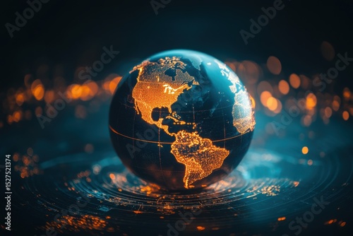 Digital globe representing interconnected continents with glowing elements in a dark environment showcasing technological advancement and global connectivity