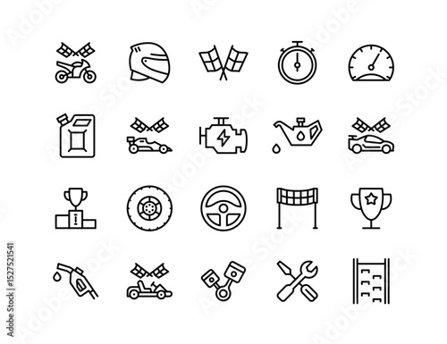Motorsports Vector Icon Set | Adjustable Line Weight | Racing car, motorcycle, helmet, trophy, oil, engine, pit stop, fuel, flag, speed, competition icons