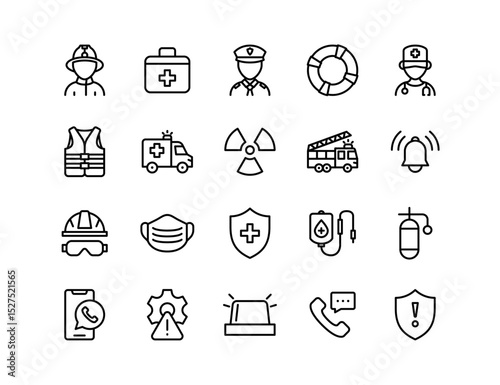 Emergency Services Vector Icon Set | Adjustable Line Weight | Ambulance, firefighter, paramedic, rescue, medical, alarm, safety, call, police, siren, hazard, healthcare icons